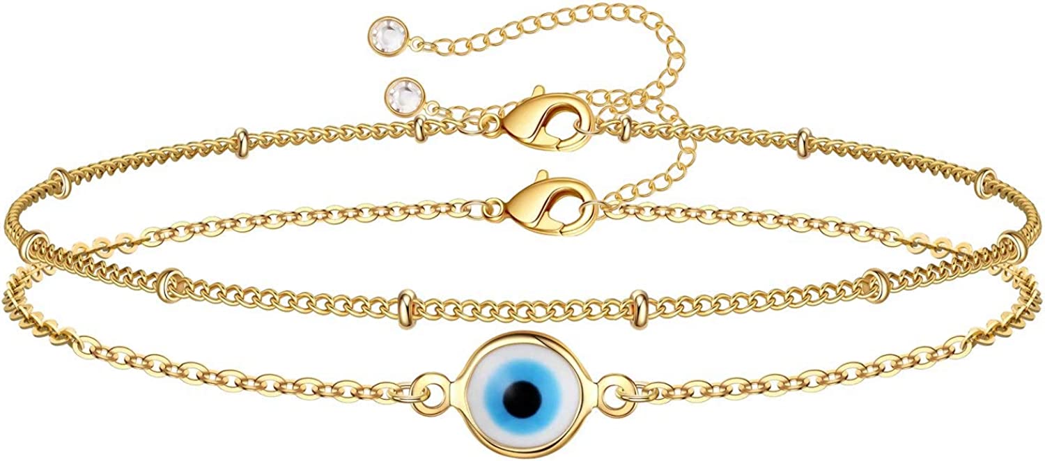 Dainty Gold Bracelets for Women, 14K Gold Filled Adjustable Layered Bracelet Cute Evil Eye Oval Chain Pearl Bar Turtle Gold Bracelets for Women Jewelry - Image 1